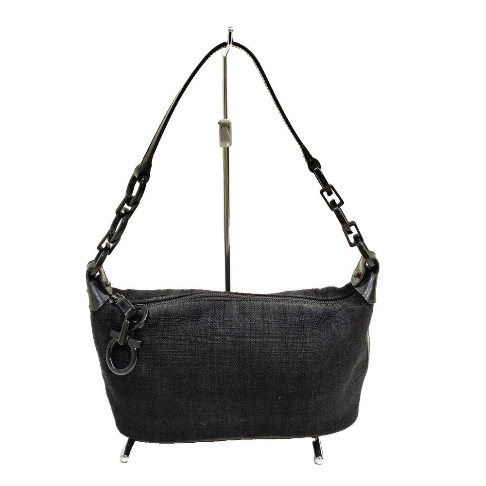 Salvatore Ferragamo Gancini Chain Shoulder Bag Black Canvas Italy Vintage/125